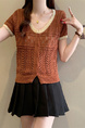 Real Shot Wholesale Price 2025 Summer New Hollow Button Niche V-Neck Contrast Color Stitching Short-Sleeved Knitted Tops for Women Brown