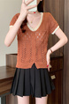 Real Shot Wholesale Price 2025 Summer New Hollow Button Niche V-Neck Contrast Color Stitching Short-Sleeved Knitted Tops for Women Brown