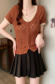 Real Shot Wholesale Price 2025 Summer New Hollow Button Niche V-Neck Contrast Color Stitching Short-Sleeved Knitted Tops for Women Brown
