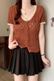 Real Shot Wholesale Price 2025 Summer New Hollow Button Niche V-Neck Contrast Color Stitching Short-Sleeved Knitted Tops for Women Brown