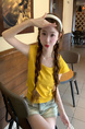 Real Shot Short-Sleeved T-shirt Summer 2025 New Trendy Back Opening Short Slim Round Neck Top Korean Style Women's Clothing Yellow
