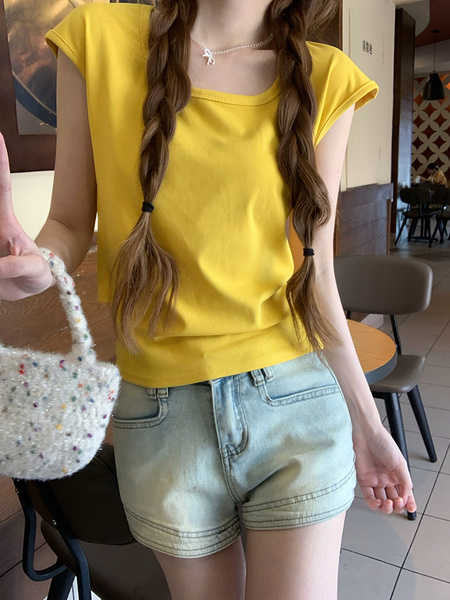 Real Shot Short-Sleeved T-shirt Summer 2025 New Trendy Back Opening Short Slim Round Neck Top Korean Style Women's Clothing Yellow
