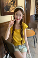 Real Shot Short-Sleeved T-shirt Summer 2025 New Trendy Back Opening Short Slim Round Neck Top Korean Style Women's Clothing Yellow
