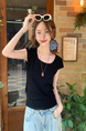 Real Shot Short-Sleeved T-shirt Summer 2025 New Trendy Back Opening Short Slim Round Neck Top Korean Style Women's Clothing Black
