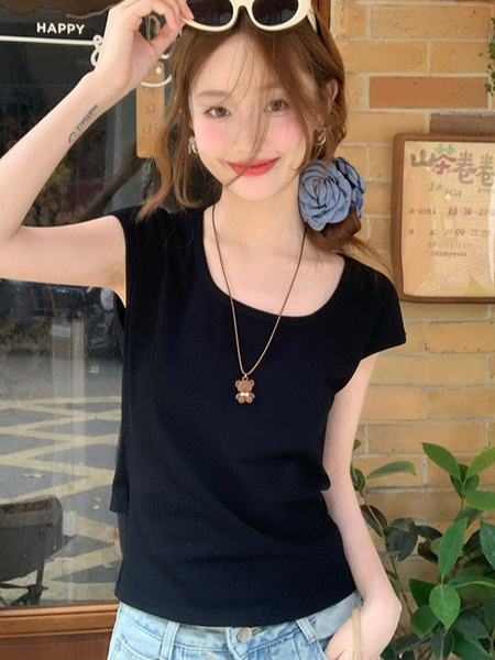 Real Shot Short-Sleeved T-shirt Summer 2025 New Trendy Back Opening Short Slim Round Neck Top Korean Style Women's Clothing Black
