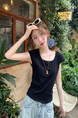 Real Shot Short-Sleeved T-shirt Summer 2025 New Trendy Back Opening Short Slim Round Neck Top Korean Style Women's Clothing Black