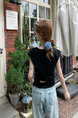 Real Shot Short-Sleeved T-shirt Summer 2025 New Trendy Back Opening Short Slim Round Neck Top Korean Style Women's Clothing Black