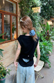 Real Shot Short-Sleeved T-shirt Summer 2025 New Trendy Back Opening Short Slim Round Neck Top Korean Style Women's Clothing Black