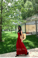 Zhou Zhang Chapter Rose Fu Flower Set French Style Vintage Strap Red Dress Sleeveless Slim Fit Slimming Elegance Long Skirt Summer