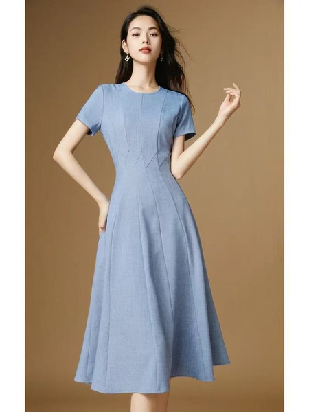 Sailing Series Wear Take 2025 Summer New Style Light Blue Pendulum Skirt Slimming Elegance Round Neck Waist-Cinching Dress