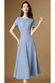 Sailing Series Wear Take 2025 Summer New Style Light Blue Pendulum Skirt Slimming Elegance Round Neck Waist-Cinching Dress
