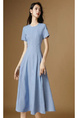 Sailing Series Wear Take 2025 Summer New Style Light Blue Pendulum Skirt Slimming Elegance Round Neck Waist-Cinching Dress