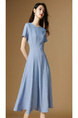 Sailing Series Wear Take 2025 Summer New Style Light Blue Pendulum Skirt Slimming Elegance Round Neck Waist-Cinching Dress