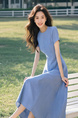 Sailing Series Wear Take 2025 Summer New Style Light Blue Pendulum Skirt Slimming Elegance Round Neck Waist-Cinching Dress
