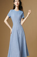Sailing Series Wear Take 2025 Summer New Style Light Blue Pendulum Skirt Slimming Elegance Round Neck Waist-Cinching Dress
