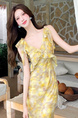 French Ruffled Floral Dress for Women 2025 Summer New Holiday Style Yellow V-Neck Tall Long Dress