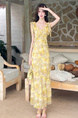 French Ruffled Floral Dress for Women 2025 Summer New Holiday Style Yellow V-Neck Tall Long Dress