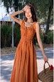 Original Fabric Seaside Vacation Strap Dress Women's Summer New Style French Style Platycodon Grandiflorum Waist-cinching Beach Long Skirt in Terracotta