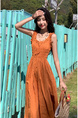 Original Fabric Seaside Vacation Strap Dress Women's Summer New Style French Style Platycodon Grandiflorum Waist-cinching Beach Long Skirt in Terracotta