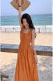 Original Fabric Seaside Vacation Strap Dress Women's Summer New Style French Style Platycodon Grandiflorum Waist-cinching Beach Long Skirt in Terracotta
