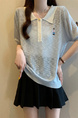 Real Shot Wholesale Price 2025 Summer New Korean Version Contrast Color POLO Collar Bear Embroidery Breathable Ice Silk Cool Top in Light Blue