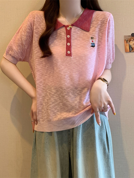 Real Shot Wholesale Price 2025 Summer New Korean Version Contrast Color POLO Collar Bear Embroidery Breathable Ice Silk Cool Top in Light Pink