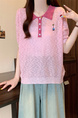 Real Shot Wholesale Price 2025 Summer New Korean Version Contrast Color POLO Collar Bear Embroidery Breathable Ice Silk Cool Top in Light Pink