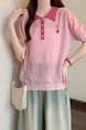 Real Shot Wholesale Price 2025 Summer New Korean Version Contrast Color POLO Collar Bear Embroidery Breathable Ice Silk Cool Top in Light Pink