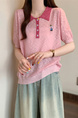 Real Shot Wholesale Price 2025 Summer New Korean Version Contrast Color POLO Collar Bear Embroidery Breathable Ice Silk Cool Top in Light Pink