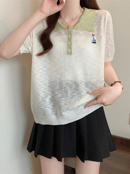 Real Shot Wholesale Price 2025 Summer New Korean Version Contrast Color POLO Collar Bear Embroidery Breathable Ice Silk Cool Top in Cream and Green