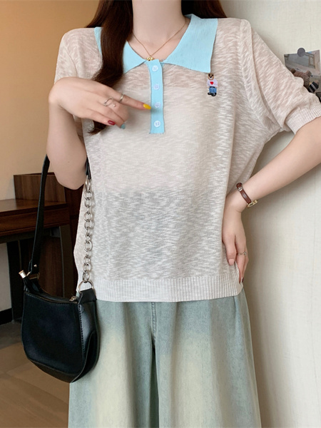 Real Shot Wholesale Price 2025 Summer New Korean Version Contrast Color POLO Collar Bear Embroidery Breathable Ice Silk Cool Top in Cream and Light Blue