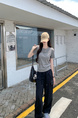 Real Shot Price Washed Do Old Positive Shoulder Short Sleeve T-Shirt Women Summer 2025 New Style Western Style Unique Chic Top Trendy in Gray