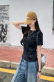 Real Shot Price Washed Do Old Positive Shoulder Short Sleeve T-Shirt Women Summer 2025 New Style Western Style Unique Chic Top Trendy in Black