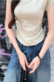 Real Shot Price Wrinkles Waist-cinching Positive Shoulder Short Sleeve T-Shirt Women Summer 2025 New Style Design Sense Slim Fit Short Style Top in Beige