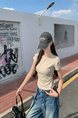 Real Shot Price Wrinkles Waist-cinching Positive Shoulder Short Sleeve T-Shirt Women Summer 2025 New Style Design Sense Slim Fit Short Style Top in Beige