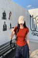 Real Shot Price Wrinkles Waist-cinching Positive Shoulder Short Sleeve T-Shirt Women Summer 2025 New Style Design Sense Slim Fit Short Style Top in Rust