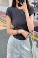 Real Shot Price Wrinkles Waist-cinching Positive Shoulder Short Sleeve T-Shirt Women Summer 2025 New Style Design Sense Slim Fit Short Style Top in Dark Gray