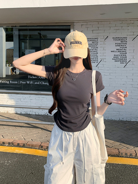 Real Shot Price Wrinkles Waist-cinching Positive Shoulder Short Sleeve T-Shirt Women Summer 2025 New Style Design Sense Slim Fit Short Style Top in Dark Gray