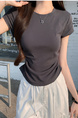 Real Shot Price Wrinkles Waist-cinching Positive Shoulder Short Sleeve T-Shirt Women Summer 2025 New Style Design Sense Slim Fit Short Style Top in Dark Gray