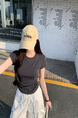 Real Shot Price Wrinkles Waist-cinching Positive Shoulder Short Sleeve T-Shirt Women Summer 2025 New Style Design Sense Slim Fit Short Style Top in Dark Gray