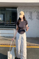 Real Shot Price Wrinkles Waist-cinching Positive Shoulder Short Sleeve T-Shirt Women Summer 2025 New Style Design Sense Slim Fit Short Style Top in Dark Gray