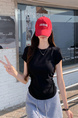 Real Shot Price Wrinkles Waist-cinching Positive Shoulder Short Sleeve T-Shirt Women Summer 2025 New Style Design Sense Slim Fit Short Style Top in Black