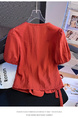 Fashion French Style Superior Sense V Neck Short Sleeve Shirt Women's Summer 2025 New Style Dopamine Lace-up Waist-cinching Slimming Top in Rust Red