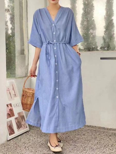 Korean Design Niche New Simple Linen Light Blue Striped V-Neck Lace-Up Dress with Side Pockets and Belt