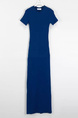 Korean Summer New Round Neck Temperament Versatile Back Slit Slim Fit Short Sleeves Medium Length High Waist Hip Dress in Blue
