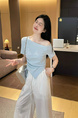 Blue Hot Girl Irregular Short-Sleeved T-Shirt Female Summer Petite Short Chic Beautiful Off-Shoulder Top in Light Blue