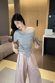 Blue Hot Girl Irregular Short-Sleeved T-Shirt Female Summer Petite Short Chic Beautiful Off-Shoulder Top in Gray