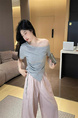 Blue Hot Girl Irregular Short-Sleeved T-Shirt Female Summer Petite Short Chic Beautiful Off-Shoulder Top in Gray