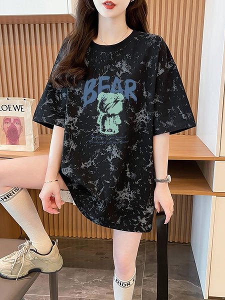 Real Shot and Real Price Douyin Quality/Pure Cotton/Back Collar/Loose Mid-Length Tie-Dye Fashion Top in Black