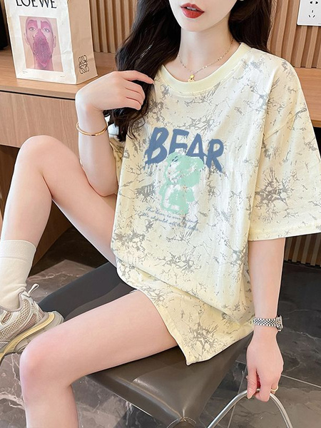 Real Shot and Real Price Douyin Quality/Pure Cotton/Back Collar/Loose Mid-Length Tie-Dye Fashion Top in Cream